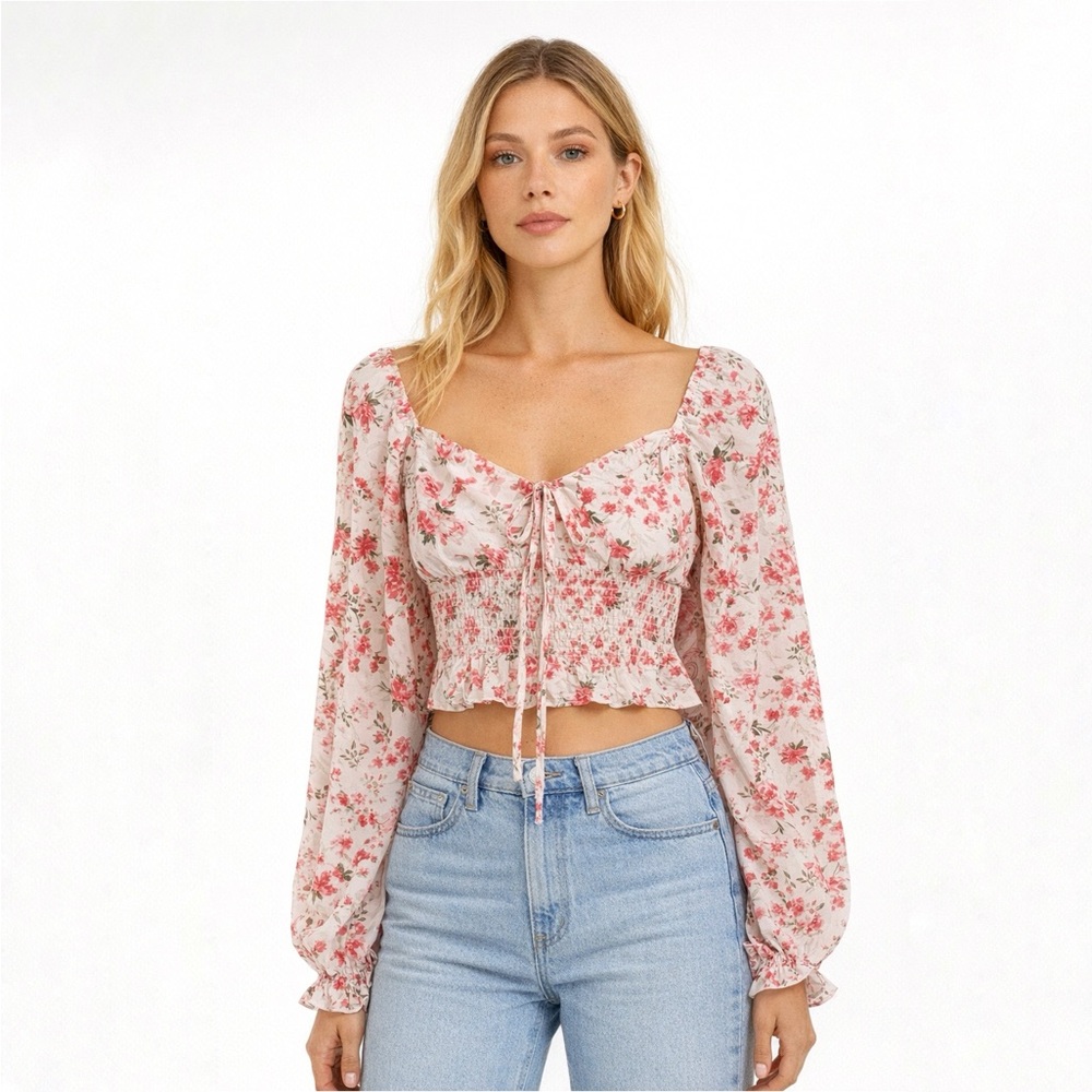 NWT Fashion Nova Always A Blossom Floral Pink Smocked Cropped Top Size S